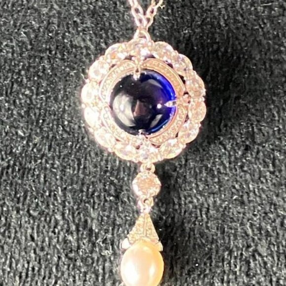 Handcrafted Sapphire Blue Cabochon Clear Cubic Zirconia Pearl Pendant Pin  20" - Picture 3 of 11